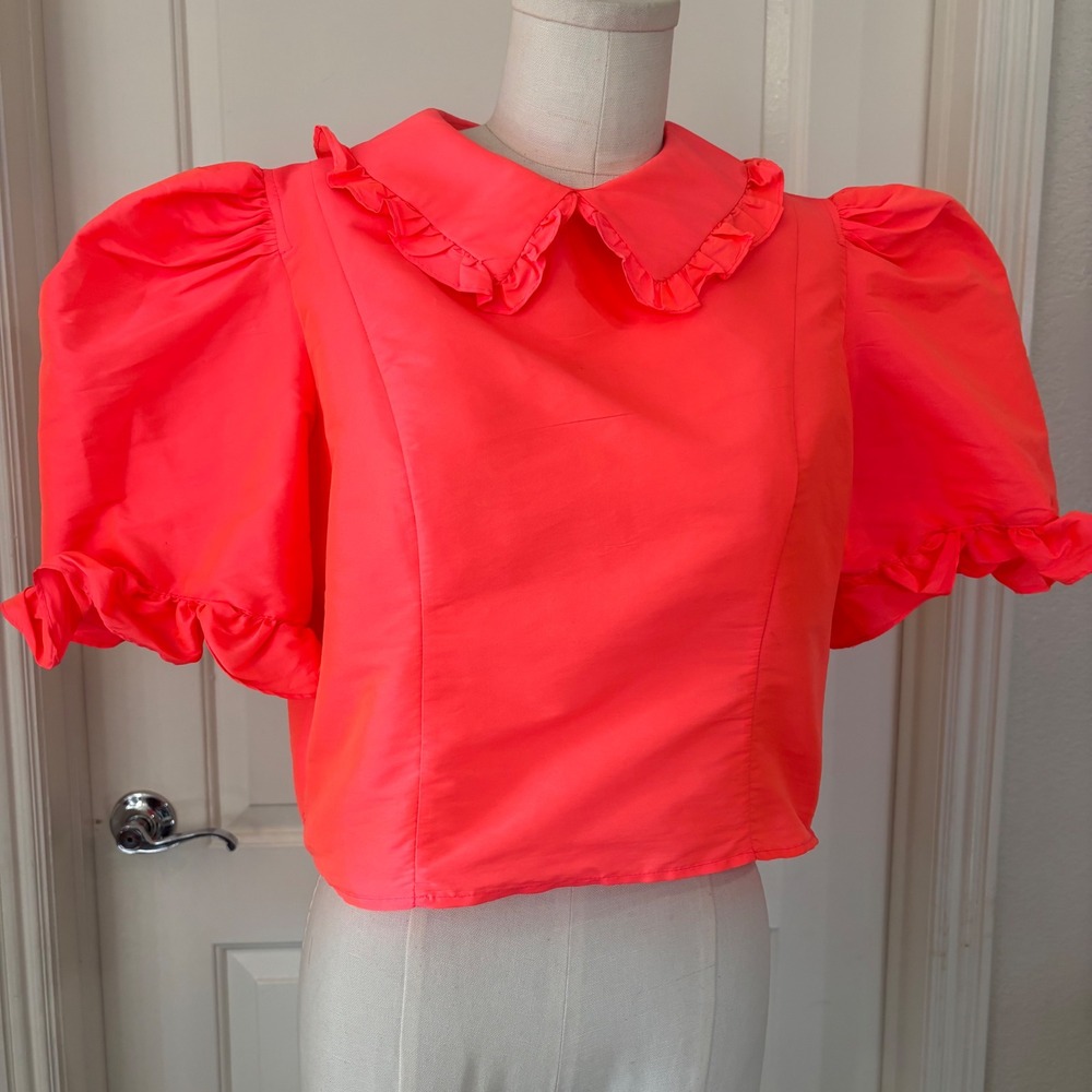 Batsheva Spring Lucy Top Neon Sunset Pink Ruffle Collar Puff Sleeve Crop Blouse